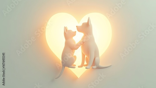 A glowing heart made of intertwined cat and dog silhouettes, symbolizing unconditional love between pets and humans.