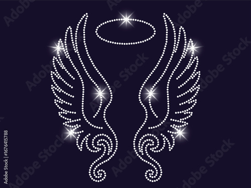 Shimmering crystal-style rhinestone artwork of angel wings and a halo. Ideal for fashion embellishments, textile transfers, and festive apparel prints.