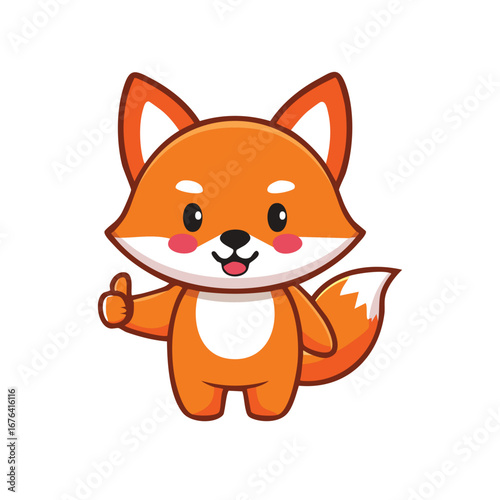 A charming cartoon fox gives a thumbs up gesture. The fox has orange fur, a white tail, and is full of positive energy.