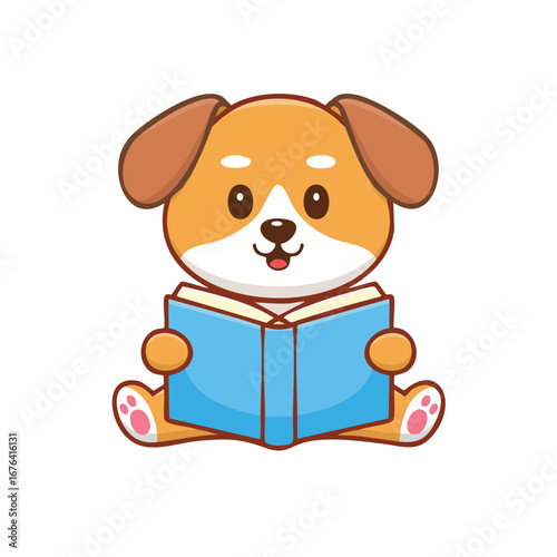 A cute cartoon dog reading a book, creating a charming and educational scene. The illustration depicts a playful puppy deeply engrossed in a blue book