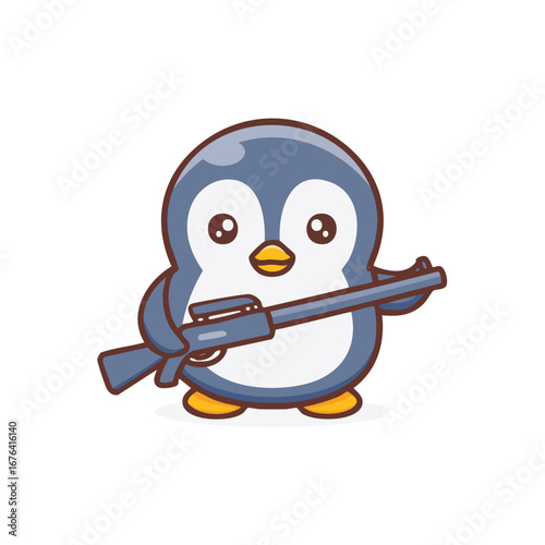 A charming cartoon penguin is holding a gun with a sweet, innocent expression. The image could evoke feelings of playful, funny, and lighthearted imagery