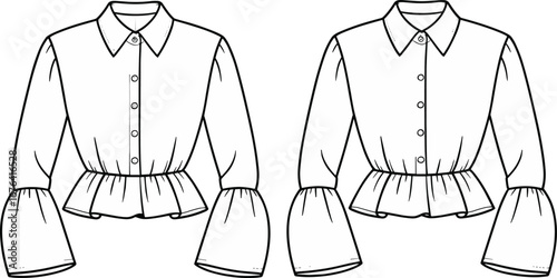 Peplum blouse flat sketch, puff sleeve shirt front and back view, fashion cad drawing, button up top vector illustration
