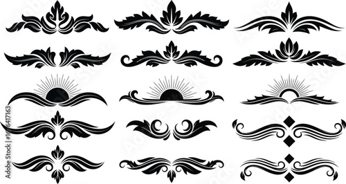 Collection of black and white ornate design elements.