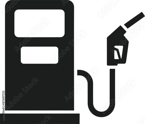 A black and white graphic illustration of a gas pump with a nozzle attached by a hose, symbolizing fuel and energy.