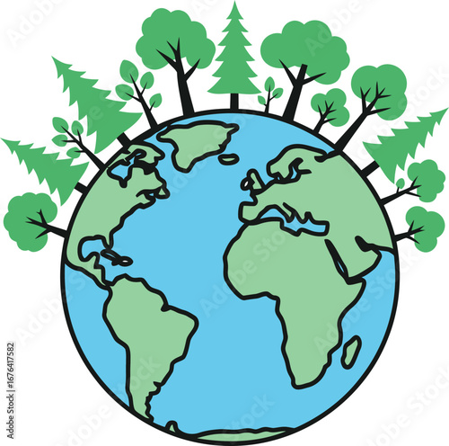 Illustration of the Earth with trees growing on it, symbolizing environmental awareness.