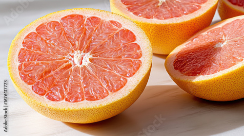 Fresh grapefruit half, vibrant color, juicy texture, healthy snack, bright sunlight