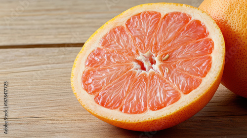 Fresh grapefruit half with vibrant color and texture on wooden surface