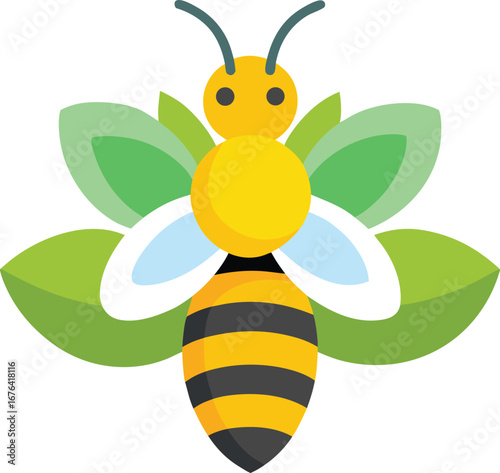 Vector art of cute cartoon bee with green leaves and white petals