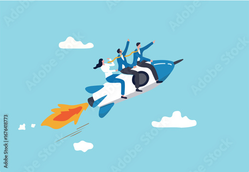 Team direction, leadership to guide team to success, boost team productivity or innovation to succeed, partnership or success startup concept, business people riding rocket, leader pointing direction.