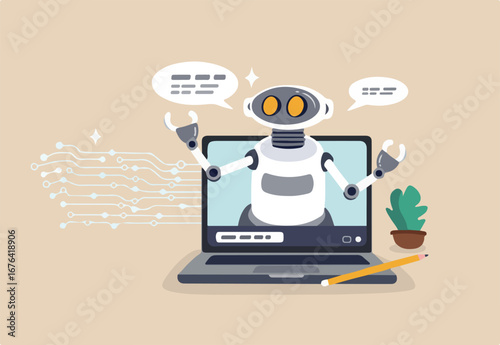 AI Chatbot assistance, Artificial Intelligence robot help solving problem support, chat conversation message, advice or discussion concept, AI Robot or chatbot on computer help answer question. 