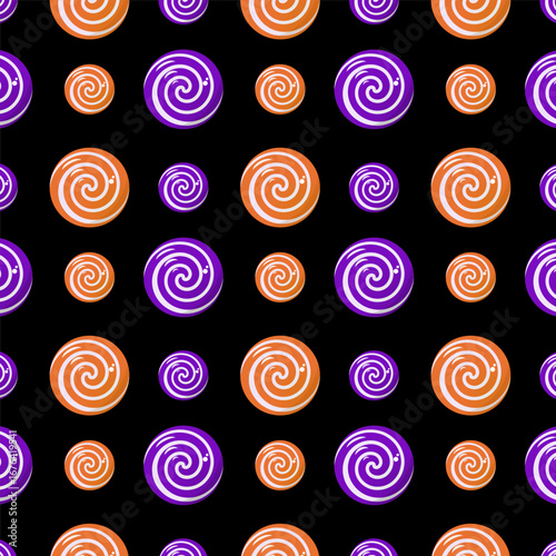 Happy halloween seamless pattern.Colorful lollipops in purple and orange repeat pattern isolated on black background.Cute geometric caramel candy vector illustration wallpaper. 