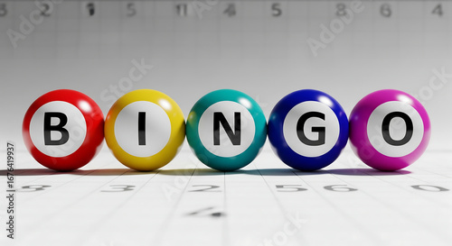 Colorful bingo balls spelling BINGO on a white game card background