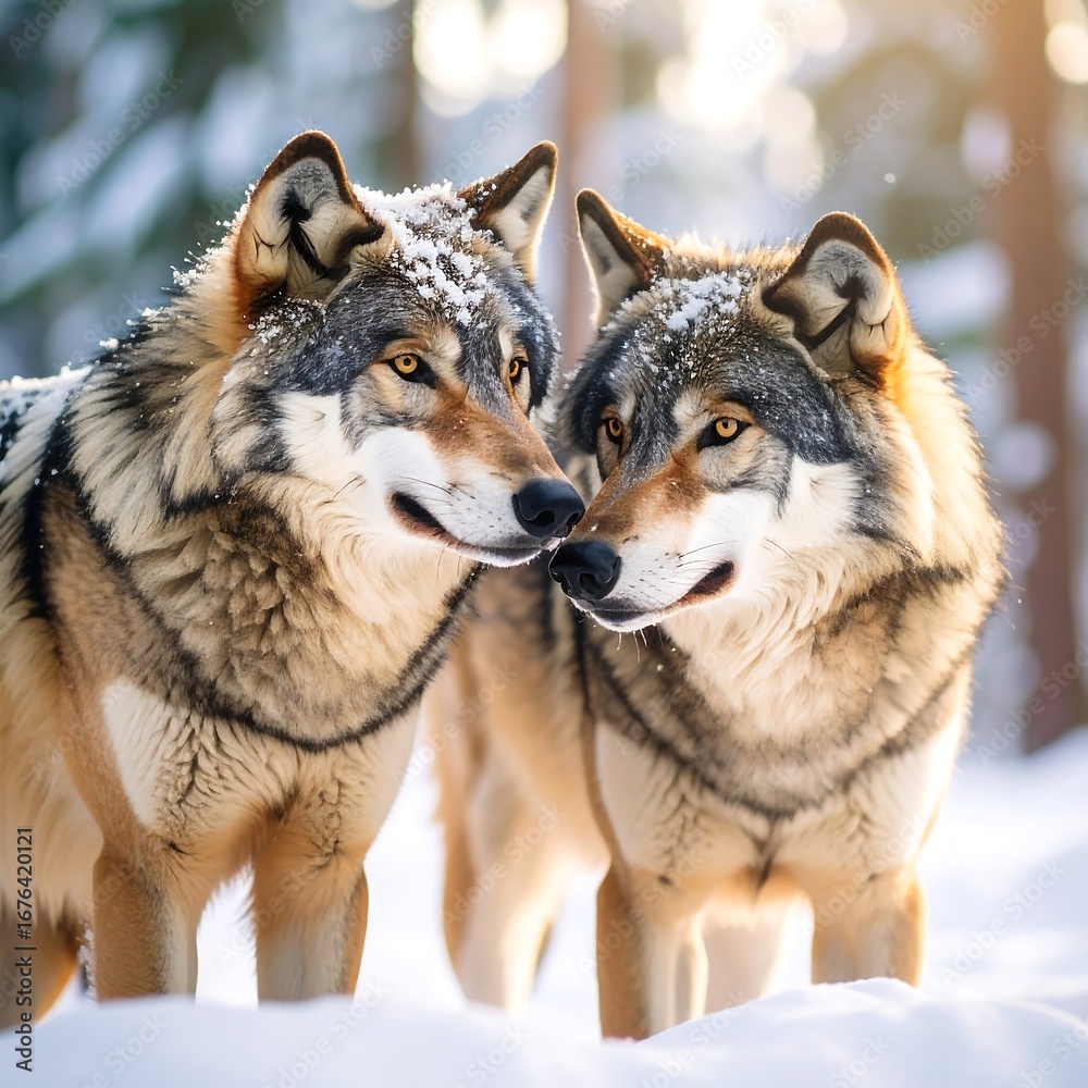 Obraz premium Two wolves stand close together in a snowy forest, sunlight illuminating them