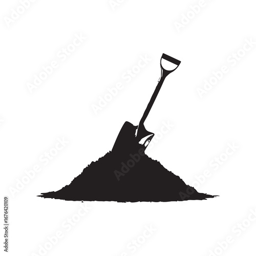 Shovel in a Pile of Soil or Dirt Black and White Silhouette