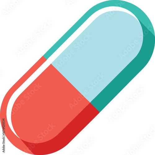 Vector art of a single capsule, divided into two colors, red and light blue, isolated on a