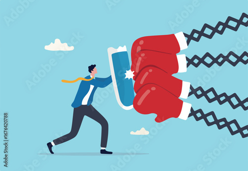Business threat, fight to survive in business competition, resilience or adversity, challenge or survive to win, courage fighter concept, businessman hold shield to fight with multiple fighter punch.