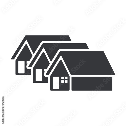 Isolated pictogram of row houses, aligned buildings representing residential complex, housing estate, real estate community, simple neighborhood architecture, urban settlement illustration.