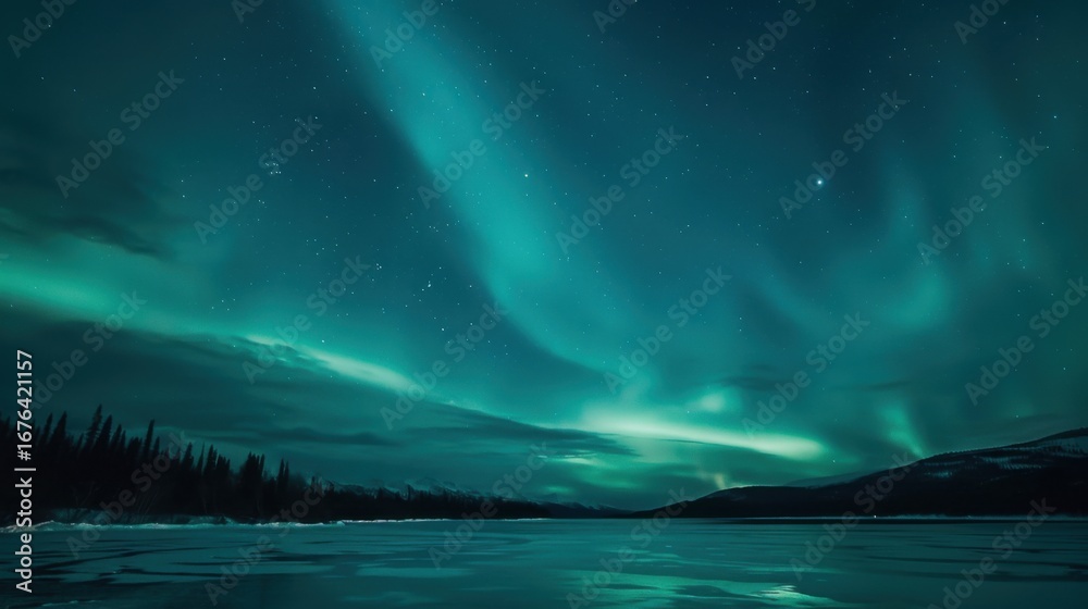 Fototapeta premium Aurora Borealis Wallpaper: Glowing Green & Blue Northern Lights Over Arctic Night Sky