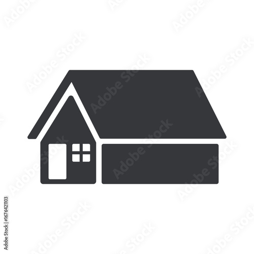 Isolated pictogram house with triangular roof, window and door, simple design symbolizing housing, residential area, home living, minimal architecture illustration.