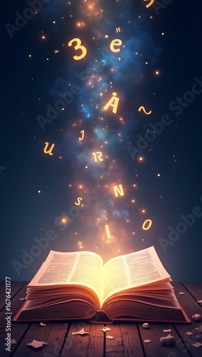 A giant open book glowing with floating letters, numbers, and abstract shapes rising like magical sparks.