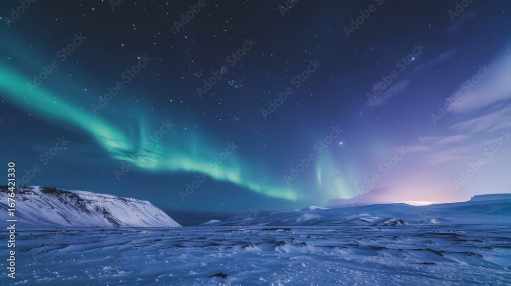 Naklejka premium Aurora Borealis Wallpaper: Glowing Green & Blue Northern Lights Over Arctic Night Sky