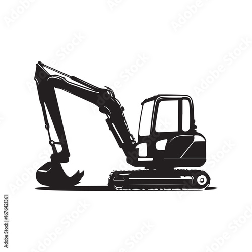 Silhouette of a Compact Excavator on a White Background