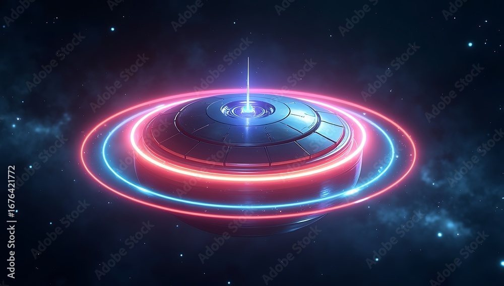 Fototapeta premium A glowing quantum spaceship core surrounded by rotating energy rings, representing future space travel and innovation.