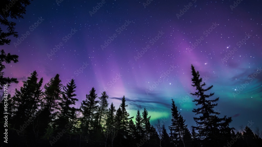 Fototapeta premium Aurora Borealis Wallpaper: Glowing Green & Blue Northern Lights Over Arctic Night Sky