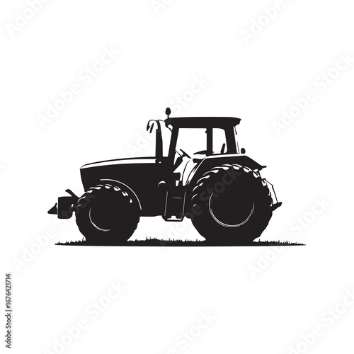Silhouette of a Farm Tractor on a White Background with Grass
