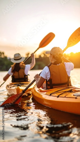 Two women kayak at sunset, paddling away from the camera