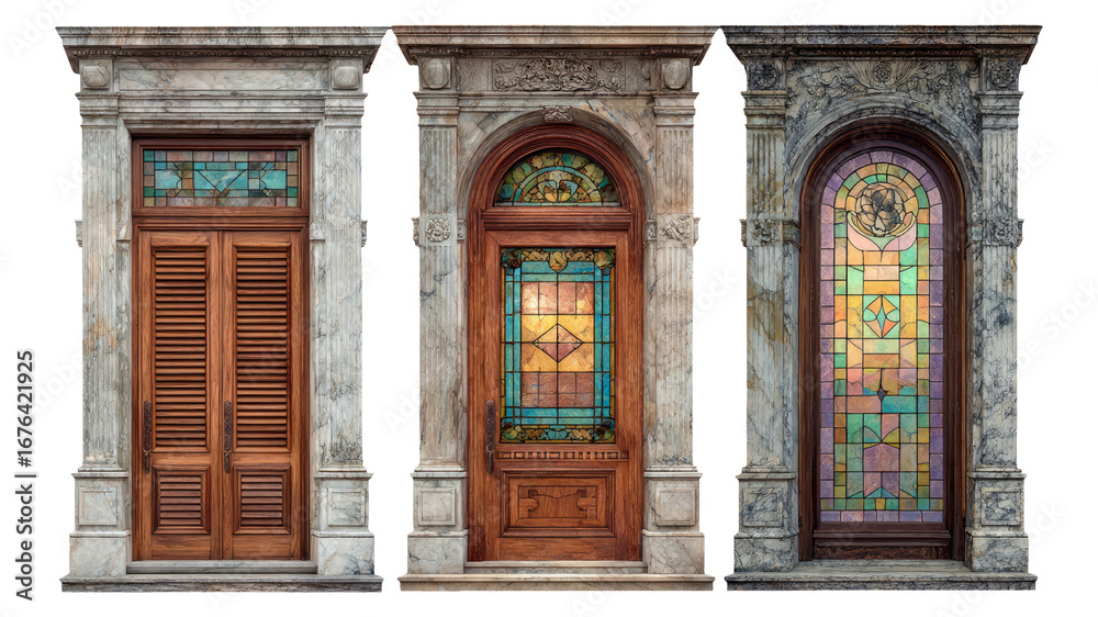 Obraz premium Three Stunning Stained Glass Doors with Decorative Frames