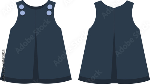 Sleeveless baby dress front and back view, double shoulder button detail, pleated center design, fashion flat cad vector sketch