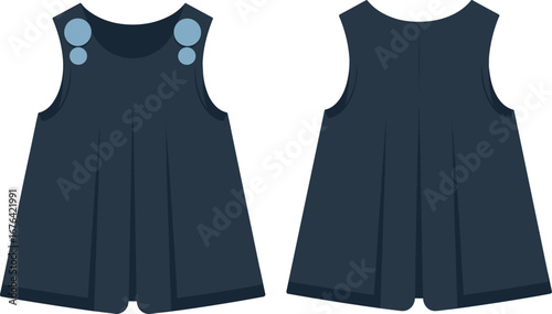 Sleeveless A-line toddler dress flat sketch with shoulder button detail, front and back view cad drawing, children’s apparel vector illustration