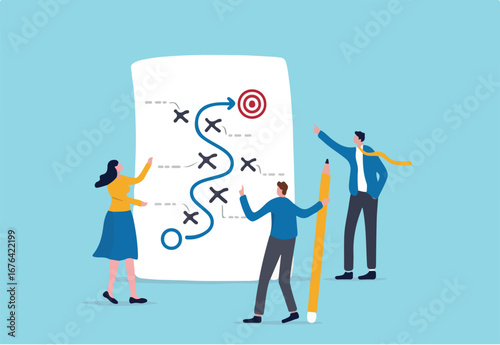 Strategic planning, plan to overcome difficulty or obstacle to reach goal or target, team brainstorm or competitor analysis, business success concept, business team planning for success tactic chart. 