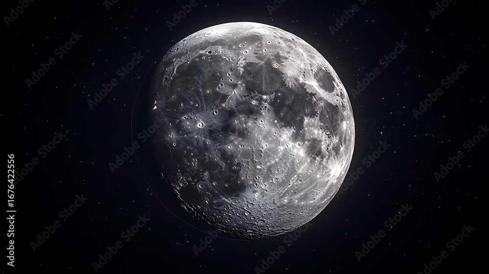 Obraz premium Detailed Full Moon Showing Craters Texture Surface Against Starry Night Space