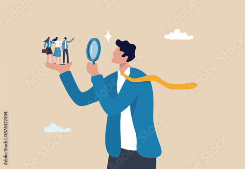 Analyze candidate, employee performance review, evaluation or analysis, choose recruitment applicants, staff or finding right person for job concept, businessman analyzing employee or job candidates.