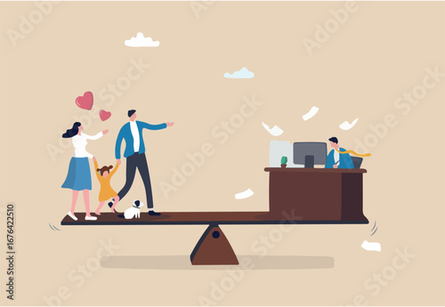 Work life balance, choose between family or hard work to be success, career opportunity or spend time with family, decision or responsibility concept, seesaw compare between family and man work hard.