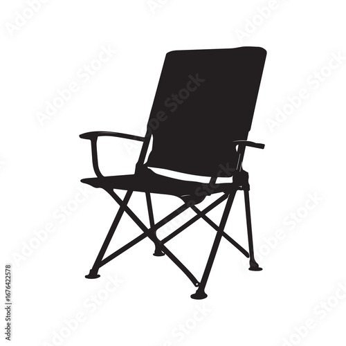 Silhouette of a Folding Camping Chair with Armrests on White Background