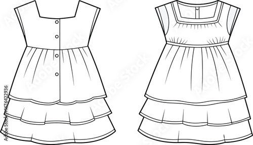Sleeveless tiered baby dress fashion flat sketch with gathered waist, square neck, front and back view, technical vector illustration
