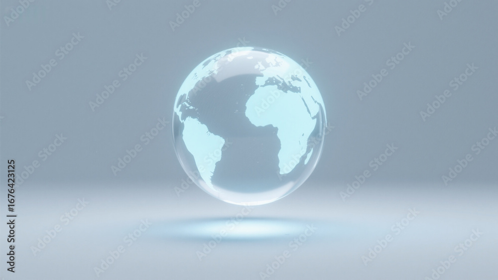 Fototapeta premium A glowing transparent globe suspended in white space with a soft shadow at the bottom, a minimalist futuristic look
