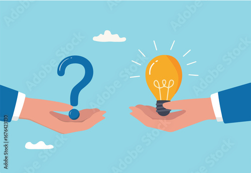 Question and answer, solving problem or business solution, ask for reply or idea to solve difficulty and trouble, FAQ concept, businessman hand holding question mark with other reply with lightbulb.