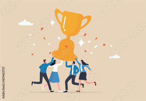 Team success achievement, winning trophy award together, celebrate team effort collaboration, teamwork motivation, ambition concept, business people colleague celebrate award winning trophy together. 