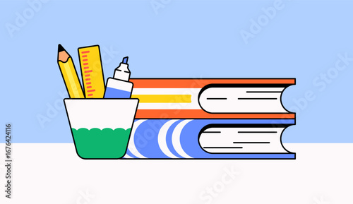 Colorful vector illustration of stacked books with a pencil holder containing a pencil, ruler, and glue bottle on a desk. Ideal for education, studying, school, college, and academic design
