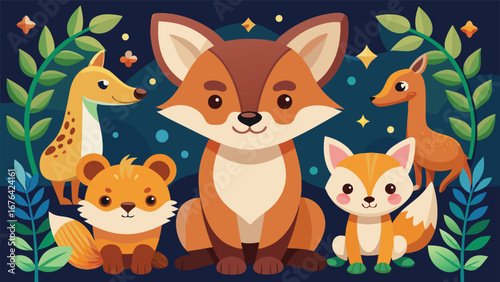 Children’s animal sticker, simplified silhouettes with optional inner details, node-optimized, palette.