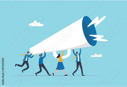 Marketing communication, announce promotion or communicate with employees, community or organization speech, loud voice or announcement concept, business people PR public relation shout on megaphone.