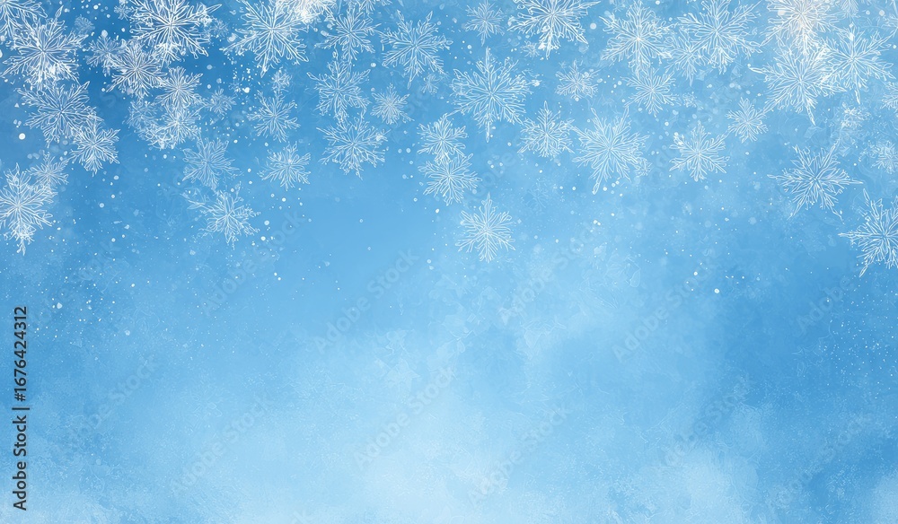 Fototapeta premium Frosted window pane with snowflakes against a light blue sky