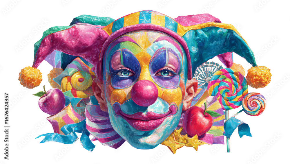 Fototapeta premium Colorful Clown Face with Bright Elements on Transparent Background