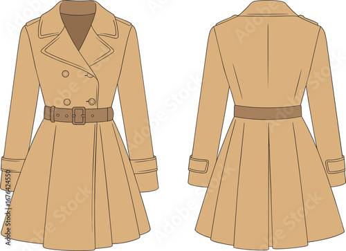 Stylish trench coat fashion design, front and back view, detailed CAD sketch, elegant outerwear template, beige coat flat drawing