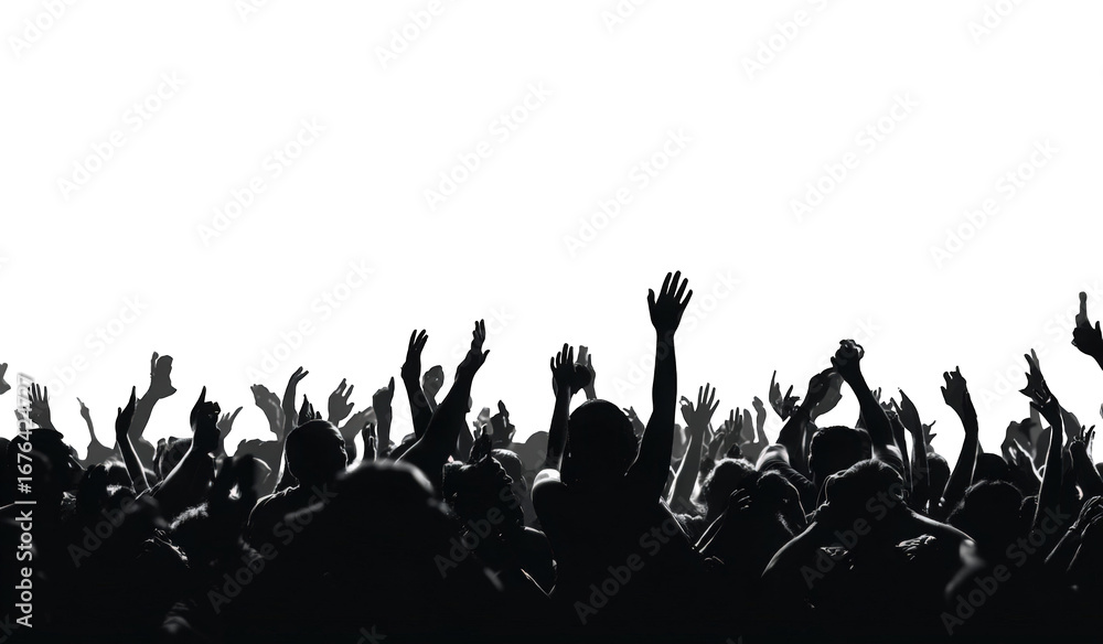 Obraz premium Silhouetted crowd with raised hands