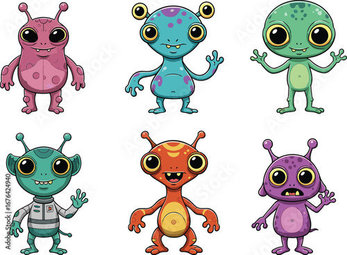 Colorful Cute Alien Vector Characters – Funny Cartoon Extraterrestrials for Kids, Space Adventures, Sci-Fi Clipart, Game Design, and Education
